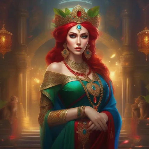 Prompt: a gorgeous and breathtaking 4k hdr, fantasy art, digital painting,  Monkey empress, with green eyes and colorful hair, wearing a long red and blue dress, holding a giant golden cross with beautiful red ruby jewels and skulls embedded into it