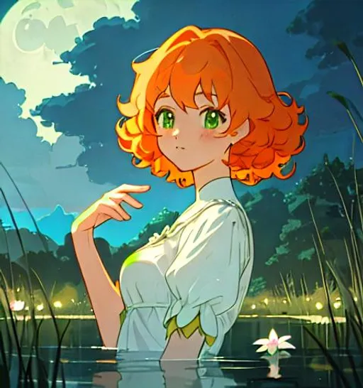 Prompt: A princess at a lake, simple white dress, green eyes, short orange hair with curls, moonlight on the water, night scene, beautiful lush grass with flowers, voluminous clouds, highly detailed, masterpiece, anime style, upper body focus 