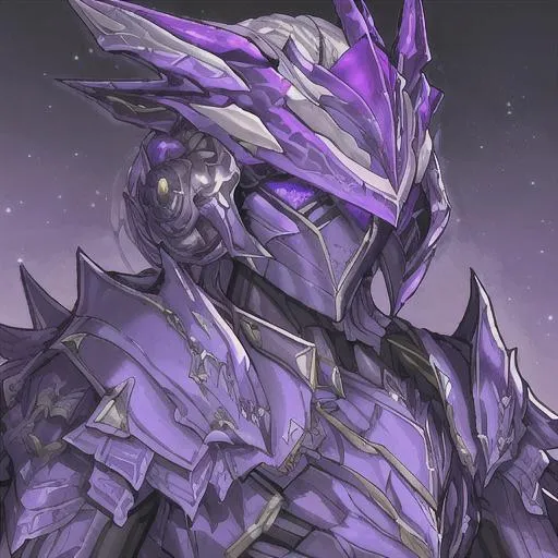 Prompt: {{Sci-fi Sci-fi  Sci-fi  Sci-fi  Sci-fi Sci-fi  Sci-fi Sci-fi  Cosmic Male Ruler}},{{full armor}},helmet,fully armored,dark armor,purple accents,galaxy,{{Futuristic details}}