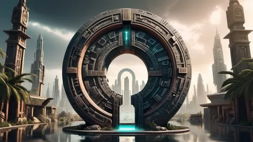 Prompt: magical portal between cities realms worlds kingdoms, circular portal, ring standing on edge, upright ring, freestanding ring, hieroglyphs on ring, complete ring, ancient aztec architecture, atlantis city plaza setting, panoramic view, futuristic cyberpunk tech-noir setting