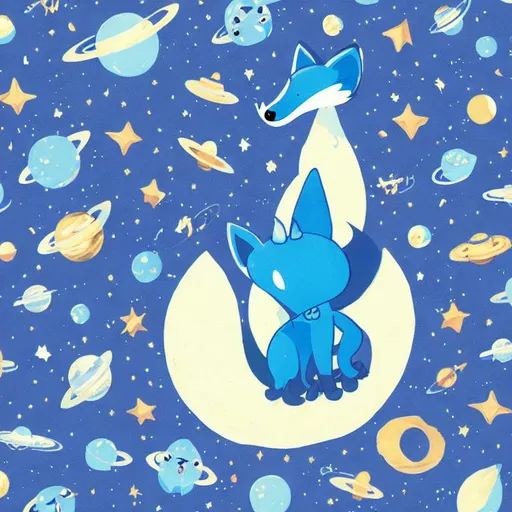 Prompt: blue anthropomorphic fox in space