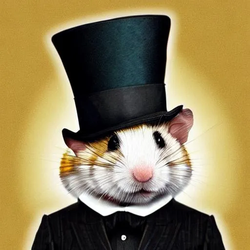 Prompt: hype realistic hamster wearing a top hat