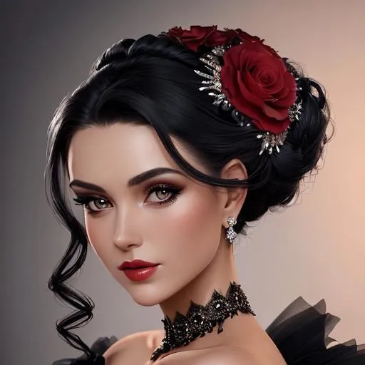 Prompt: Beautiful woman portrait wearing a black evening gown, ruby jewelry,elaborate updo hairstyle adorned with flowers, facial closeup