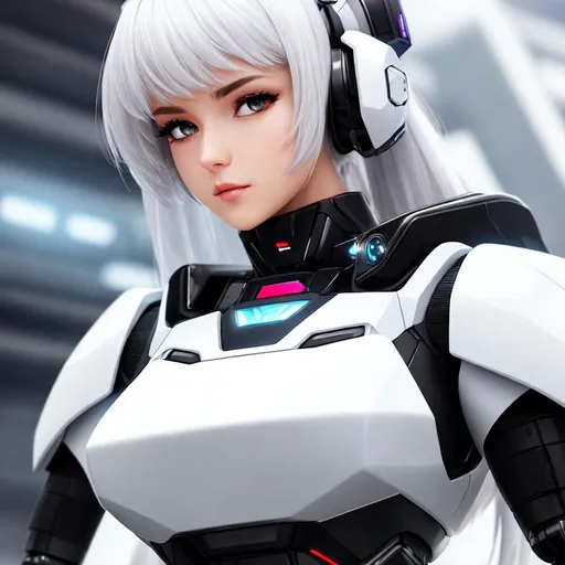 Prompt: A futuristic 20 year old female white mecha with a black t-shirt on, realistic, 4k, shiny metal, black screen face, high quality, sharp focus, round chest