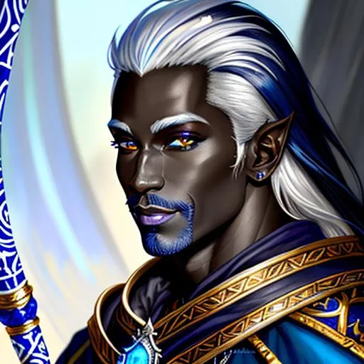 Prompt: A hyper detailed image of (half-drow male), (Paizo Pathfinder), Dark blue skin, happy, standing, hyper detailed Longbow, hyper detailed white hair, hyper detailed face, hyper detailed leathers, hyper detailed scene, bright lighting, oil painting, perfect composition, super detailed, high quality, intricate detail, full body view, character portrait.