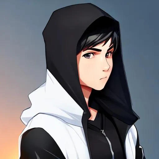 Prompt: A cute young adult superhero, with a black shirt and black short pants. He wears a white hood but leaving mouth and nose free. with black eyes, detailed 