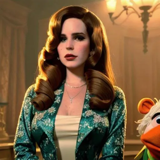 Prompt: film still of lana del rey in the muppets