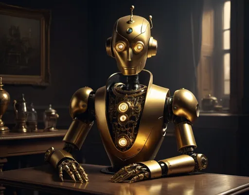 Prompt: Chiaroscuro, 8k, a digital painting of a gold robot servant, LED eyes, wearing Victorian styled clothes, standing waiting on a table, 