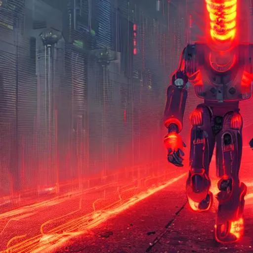 Prompt: red cyberpunk robot walking through fire