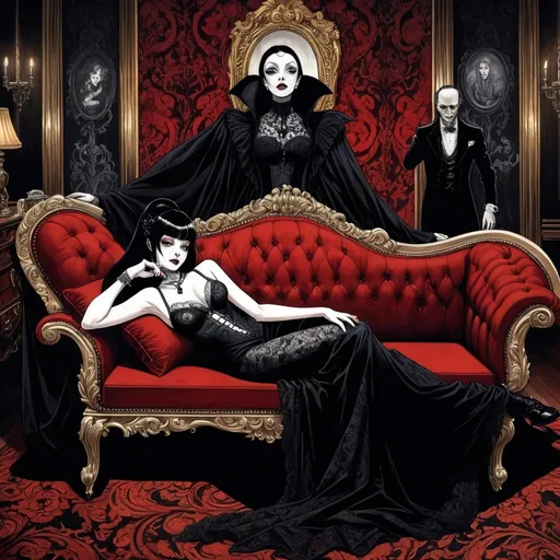 Prompt: Junji Ito manga style Black and White, Elvira Mistress of the Dark lying on her side on a Chaise Lounge with Lionel Atwill next her), baroque style, dark color scheme, elegantly gothic attire, intricate details, dim lighting, dramatic shadows, opulent background, luxurious textures, ornate furniture, deep reds and blacks, baroque patterns, solemn atmosphere, rich color tones, dark romanticism, ultra-detailed, 4K, photorealistic masterpiece, timeless elegance.