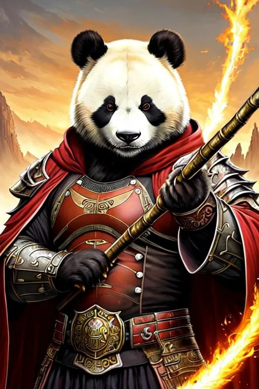 Prompt: Poster art, high-quality high-detail highly-detailed breathtaking hero ((by Aleksi Briclot and Stanley Artgerm Lau)) - ((a Panda Bear)), Male, panda details, holds a staff, king of the forest, cloth armour,  The king of all bamboo, post apocalyptic world setting, has highly detailed red and black robe armour, detailed carbon fibre mech amour, wearing carbon fibre robe armor, highly detailed cape, full form, epic, 8k HD, fire and ice, sharp focus, ultra realistic clarity. Hyper realistic, Detailed face, portrait, realistic, close to perfection, more bald in the armour, 
wearing blue and black cape, wearing carbon black cloak with red, full body, high quality cell shaded illustration, ((full body)), dynamic pose, perfect anatomy, centered, freedom, soul, Black short hair, approach to perfection, cell shading, 8k , cinematic dramatic atmosphere, watercolor painting, global illumination, detailed and intricate environment, artstation, concept art, fluid and sharp focus, volumetric lighting, cinematic lighting, 
