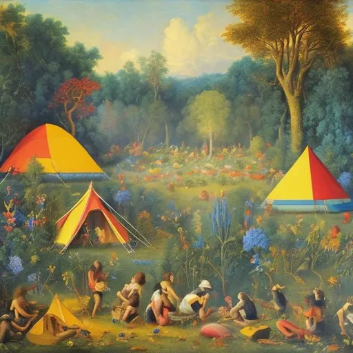 Prompt: happy joyfull painting that includes festival Cinema Summerbar Art&Music Vege&Organic food Discussion Cooperative campsite in the naieve style of rousseau with colours blue red yellow