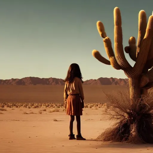 Prompt: A young girl stands alone in the desert with a tree.
