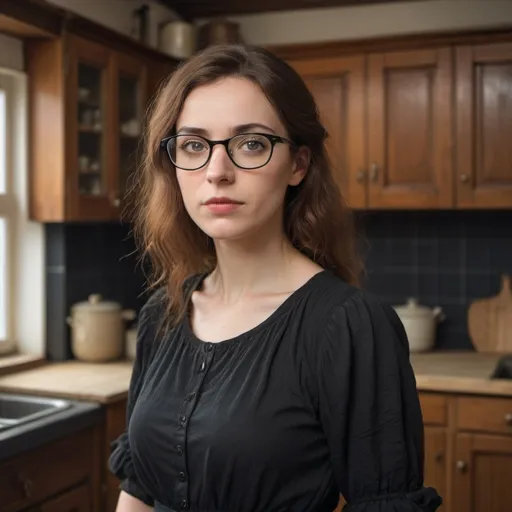 Prompt: a woman wearing glasses and a black top is standing in a room with a blurry background of a kitchen, Adrienn Henczné Deák, pre-raphaelitism, studio photo, a character portrait