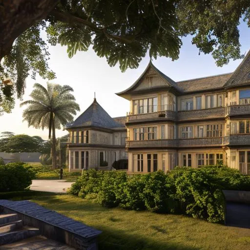 Prompt:  British colonial houses with congolese architecture inspiration, volumetric natural light, ultra realistic, vray, far view, perspective landscape