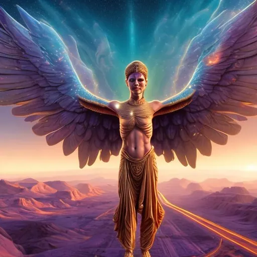 Prompt: Winged Genie of Nimrud, widescreen, infinity vanishing point, galaxy background, surprise easter egg