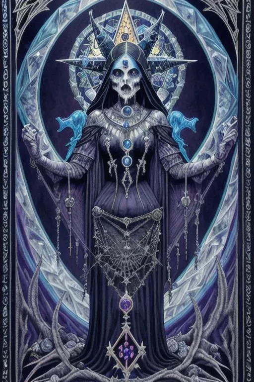 Prompt: new work by mary faedi, in the style of detailed and macabre, hyper-detailed, esoteric arcane mystical symbolism, The grim senior arcana of the tarot, obsidian blue and lava, realistic fantasy artwork, neo-gothic darkness, colorful moebius, super-resolution, beautiful amazing goddess in hindu aesthetic, Crystal, diamonds, thread embroidery, Steel molding