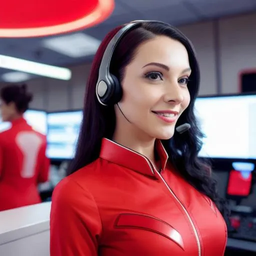 Prompt: advertising, a female telemarketer, wearing futuristic red clothes, at the galaxy