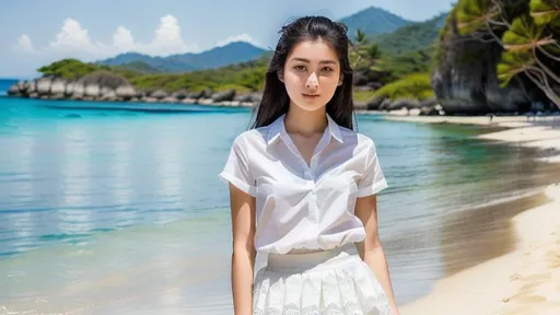 Prompt: wonderful 21 year old girl name mitsouko, symmetry, portrait, detailed eyes, fantastic face, caucasian, beautiful look, wearing a very detailed white shirt with a single strap sleeve and a long lacy skirt .“Mitsouko” in Japanese means “secret” and symbolises passionate and mysterious femininity, transporting you instantly to an exotic sunlit beach with warm sand, ultra focus, face ilumined, face detailed, 8k resolution, painted, dry brush, brush strokes, razumov style and garmash style Portrait of wonderful woman, boho style, casual outfit, boho palette, pony tail, soft smile, the free spirit, the bohemian, EType 4w5, sun rays, detailed facial features, mcqueen, minimalizm, hasselblad h6d-100c