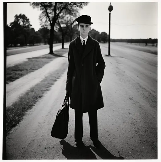 Prompt: diane arbus young man in the road (black and white) trees street 501s [35mm] (natural) cotton high contrast