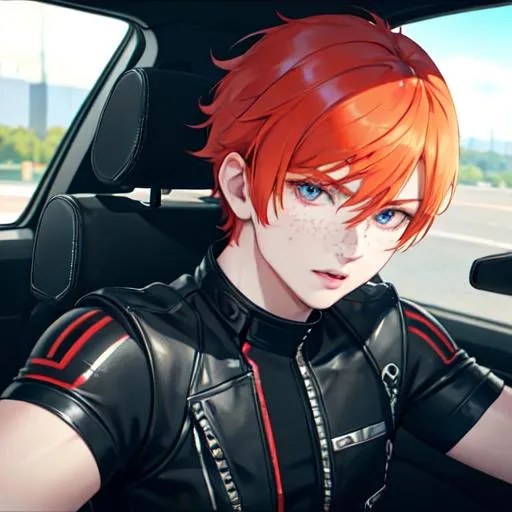 Prompt: Erikku male (short ginger hair, freckles, right eye blue left eye purple) muscular, riding a motorcycle. UHD, 8K, Highly detailed, wearing biker gear, driving on the freeway, close up shot of the motorcycle, insane detail, best quality, high quality