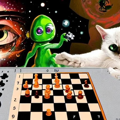 Prompt: Green, big eyed, alien playing chess with a cat in space while smoking a bong