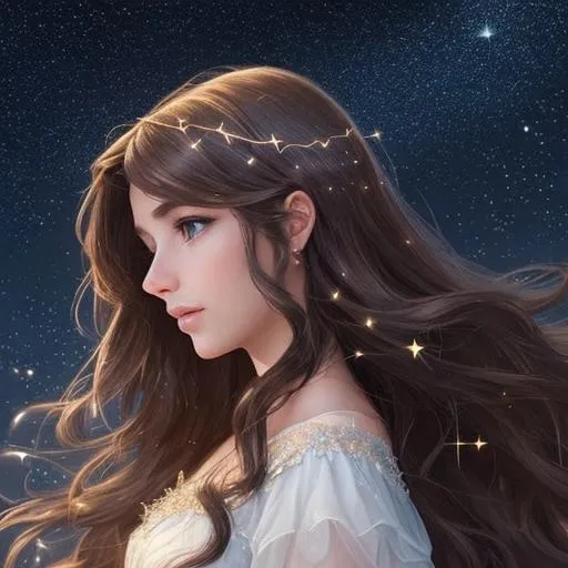 Prompt: A beautiful angel woman with magical flowing brunette hair in the style of constellations and the night sky 
profile picture