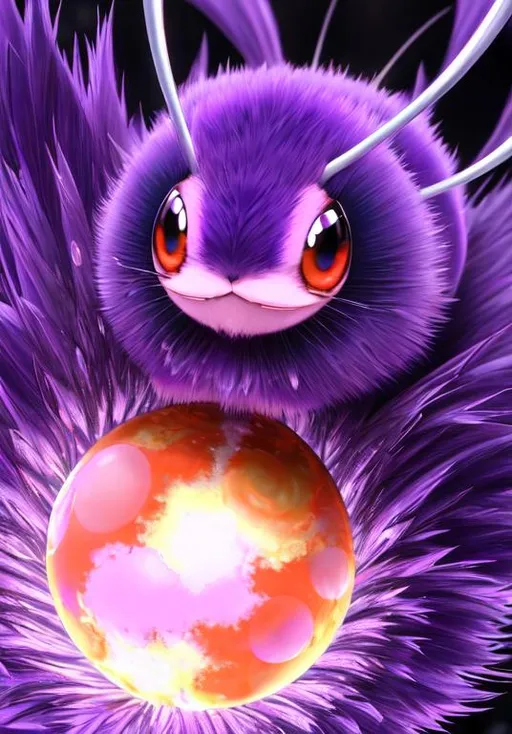 Prompt: UHD, , 8k,  oil painting, Anime,  Very detailed, zoomed out view of character, HD, High Quality, Anime, Pokemon, Venonat is an insect Pokémon with a spherical body covered in purple fur and two purple & pink hexagonal compound eyes. The fur releases a toxic liquid and it spreads when shaken violently off their bodies. A pink pincer-like mouth with two teeth, stubby forepaws, and a pair of two-toed feet are visible through its fur. Its limbs are light tan. There is also a pair of white antennae sprouting from the top of its head. However, the most prominent feature on its face are its large, red compound eyes. Venonat's highly developed eyes act as radar units and can shoot powerful beams.

Venonat can be found in dense temperate forests, where it will sleep in the hole of a tree until nightfall. It sleeps throughout the day because the small insects it feeds on appear only at night. Both Venonat and its prey are attracted to bright lights.

Pokémon by Frank Frazetta