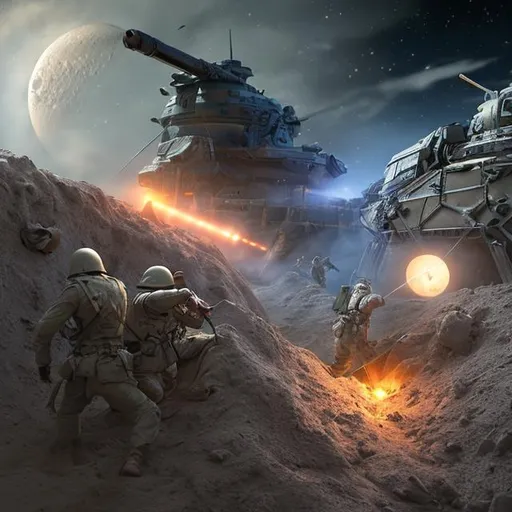 Prompt: trench warfare, charge, moon, futuristic, sci-fi