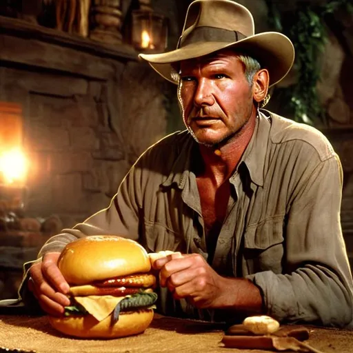 Prompt: Old  Harrison Ford Indiana Jones with a huge cheeseburger in his hands, he's about to chow down, realistic 4k photograph