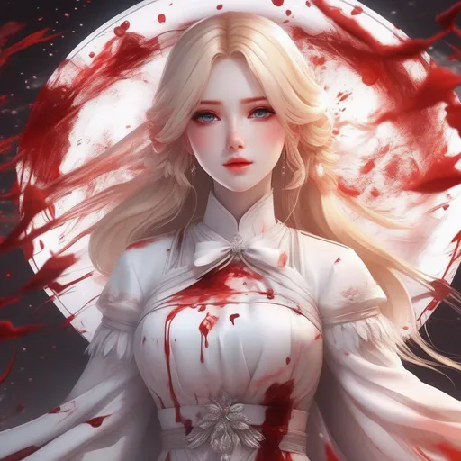 Prompt: 3d anime woman covered in blood blonde hair and white dress covered in blood and beautiful pretty art 4k full HD