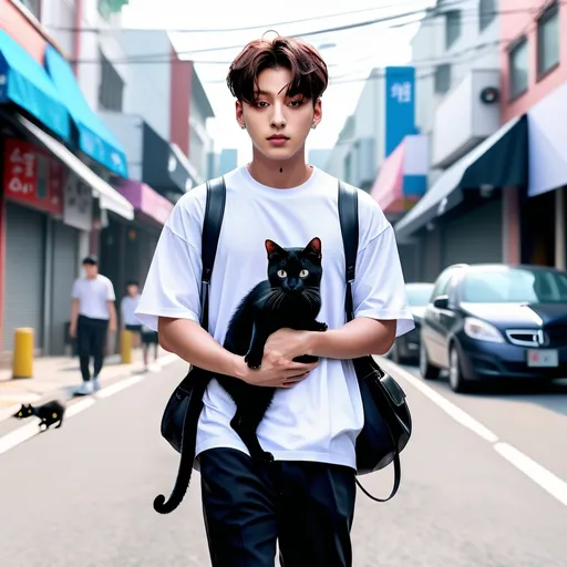 Prompt: Jeon Jungkook walking down the street holding a black cat. Frontal view, 4k realism