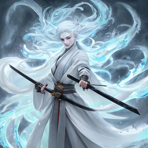 Prompt: oil painting, hd quality,  UHD, hd , 8k, panned out view,  full character can be seen female ice elemental character with long white hair and pale skin, she has icy eyes and wears a white kimono and she is wielding a katana sword weapon while summoning ice powers