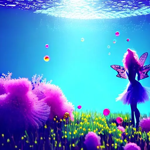 Prompt: fairy, bubbles, liminal space, flowers, beautiful landscape, underwater meadow, coral reef, highly detailed, 3d blender render, heavenly lighting, 