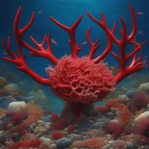 Prompt: Antler Coral, Crimson, Ahi Tuna swimming, best quality, masterpiece, in surrealism art style