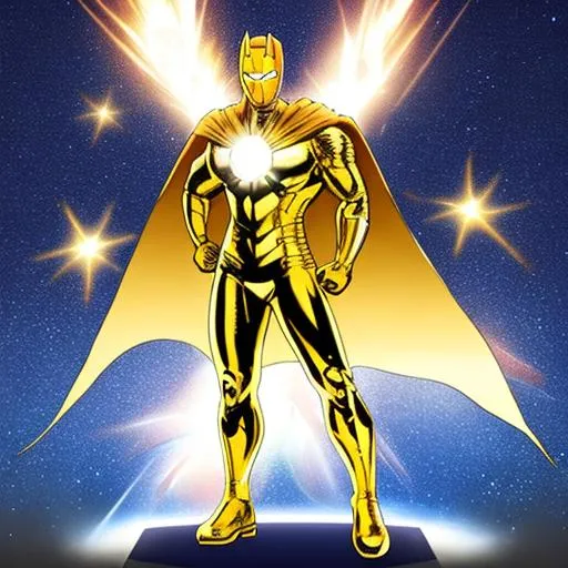 Prompt: solar powered superhero gold suit with flare cape