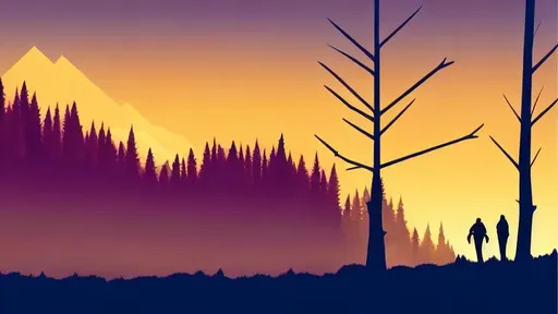 Prompt: Multiple layers of silhouette autumn, with silhouette of winter, sharp edges, at sunset, with heavy fog in air, vector style, horizon silhouette Landscape wallpaper by Alena Aenami, firewatch game style, vector style background