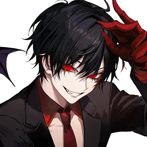 Prompt: Damien as a demon (male, short black hair, red eyes) grinning seductively