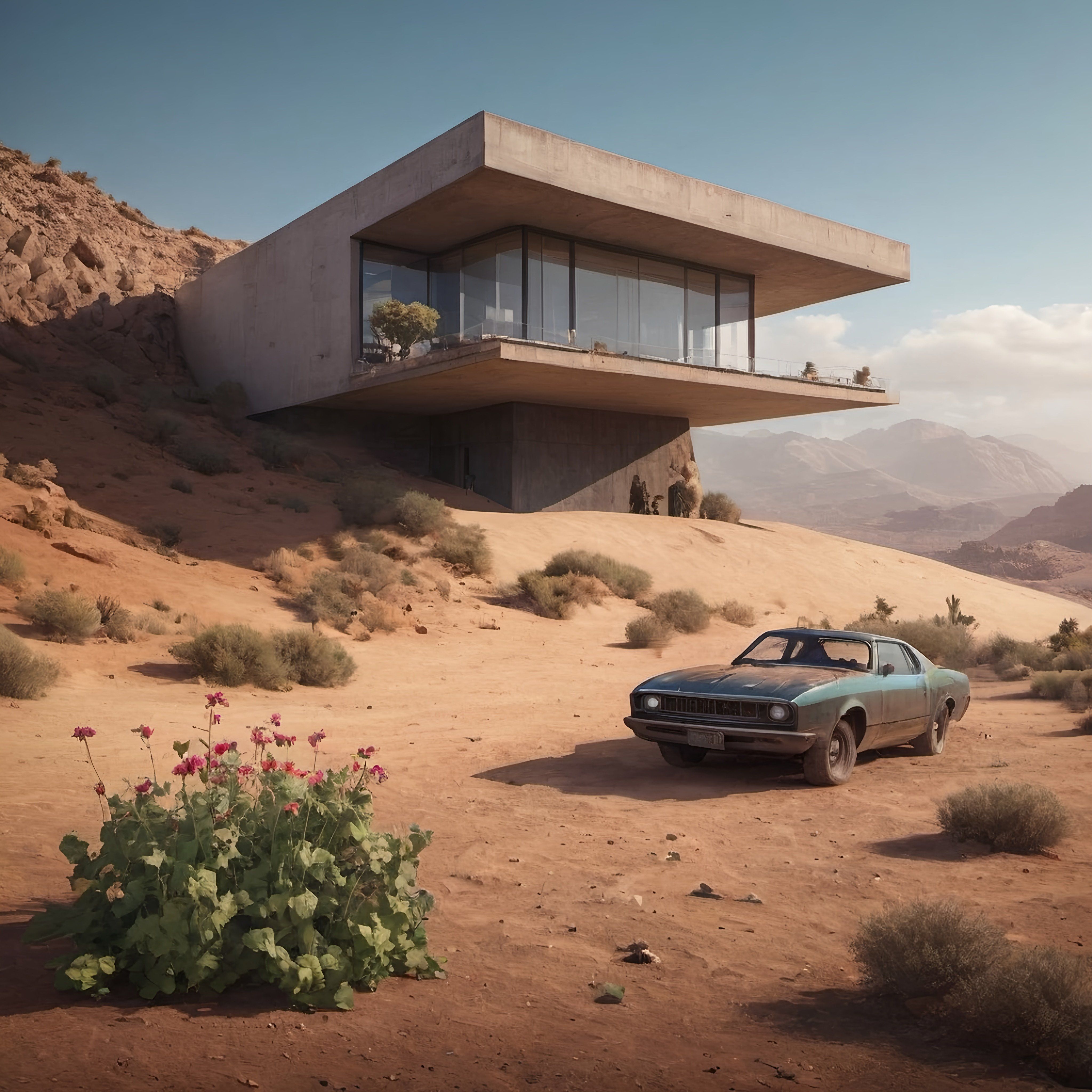 Prompt: a car parked in front of a building on a desert hillside with a plant in the foreground and a desert landscape in the background