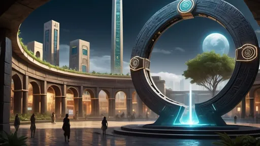 Prompt: magical portal between cities realms worlds kingdoms, circular portal, ring standing on edge, upright ring, freestanding ring, hieroglyphs on ring, complete ring, ancient babylonian architecture, gardens, large wide-open city plaza, turned sideways view, futuristic cyberpunk tech-noir setting