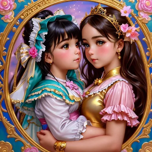 Prompt: portrait of two magical lolita girls playing with each other, hold a magical wonderful extremely detailed baby in your hand, dreamy and ethereal, expressive pose, big gold eyes, exciting expression, fantasy, intricate, elegant, highly detailed, digital painting, artstation, concept art, smooth, sharp focus, illustration, art by artgerm and greg rutkowskiand alphonse mucha., masterpiece

