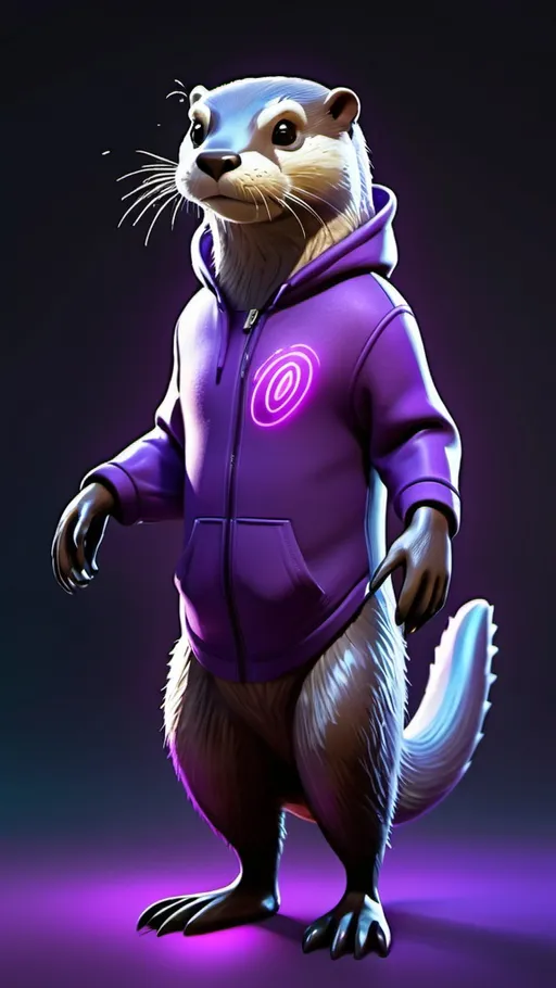 Prompt: Anthropomorphic otter with grey fur, standing character, glowing purple glyphs, hoodie, sharp features, calm content emotion, full character, Digi grade legs, tail.