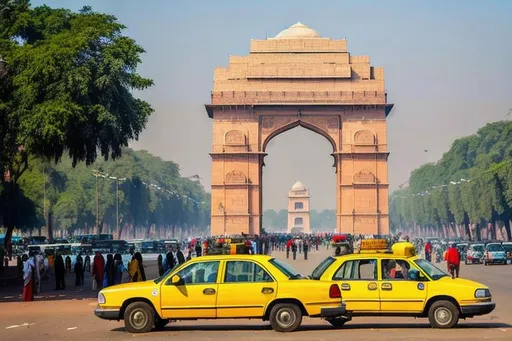 Prompt: India Gate Delhi, bright sunny day, blue skies with some clouds, moderately busy with people, few cars on the street, black and yellow taxis, photorealistic, cinematic shot, film grain