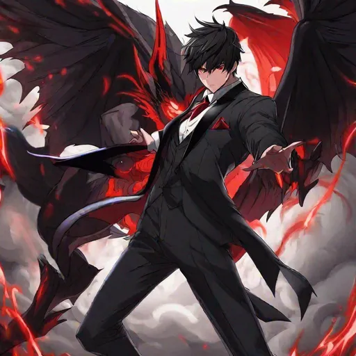 Prompt: Damien  (male, short black hair, red eyes) demon form, wearing a tuxedo, fighting
