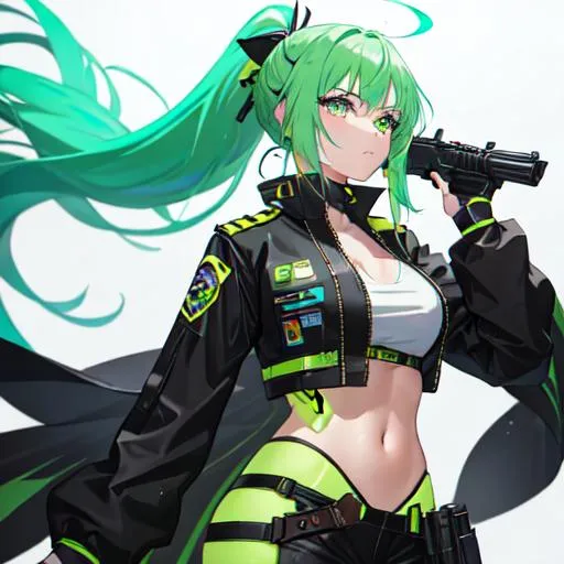 Prompt: She has a long, distinctive neon-green that fades to neon-blue hair in a ponytail, heterochromia eyes, wearing a western brown bounty hunter uniform, with a gun in her hand
