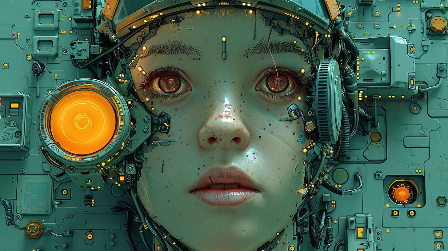 Prompt: Artistic representation of a person with a fierce, futuristic facial expression, amidst a chaotic workshop of robotics kids. The sci-fi art style seamlessly blends human features with mechanical elements, evoking a trashcore aesthetic. The scene pulses with energy, like a dynamic comic book page come to life.