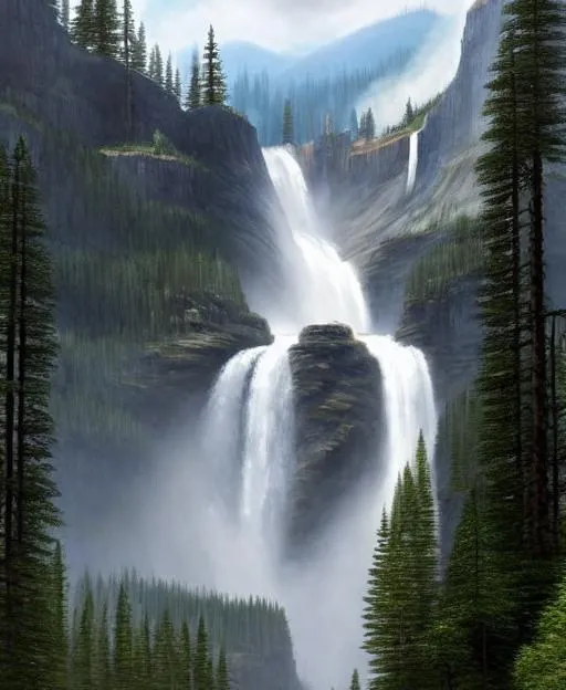 Prompt: a painting of a giant mountain range with a large waterfall coming down from the mountains leading into a narrow lake in the foreground surrounded with pine forest, rainy, fantasy artwork, very beautiful scenery, very realistic painting effect, hd, hdr, cinematic 4k wallpaper, 8k, ultra detailed, high resolution, artstation, concept art, 8k post-processing, epic scale, cgsociety, cinematic, low saturation