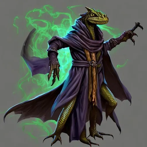 Prompt: Lizardfolk sorcerer 
with a dark robe