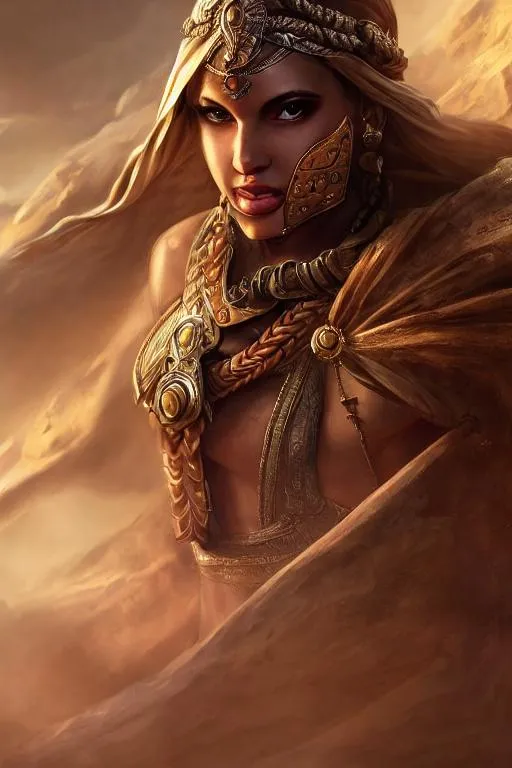 Prompt: Desert warrior, beautiful detailed face, action pose, highest quality, clear focus, deep color, illustration, complementary colors, golden glow, fantasy concept art, 8k resolution, Artstation Unreal Engine 5 trend, Artgerm, WLOP, dynamic soft lighting, fantasy framing, hyper detailing, intricate detailing, Artstation process color trend, Unreal Engine Volumetric Engine Lighting Engine 5