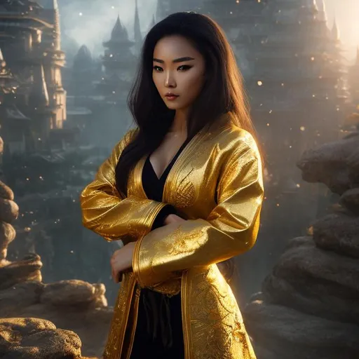 Prompt: create best quality photograph of beautiful female ninja who is wearing all gold ninja style robes,  matching background for the character, detailed face, extremely detailed environment, extremely detailed background, extremely detailed skin, extremely detailed clothing, natural colors , professionally color graded, photorealism, 8k, realistic, moody lighting, galactic environment, volumetric lighting